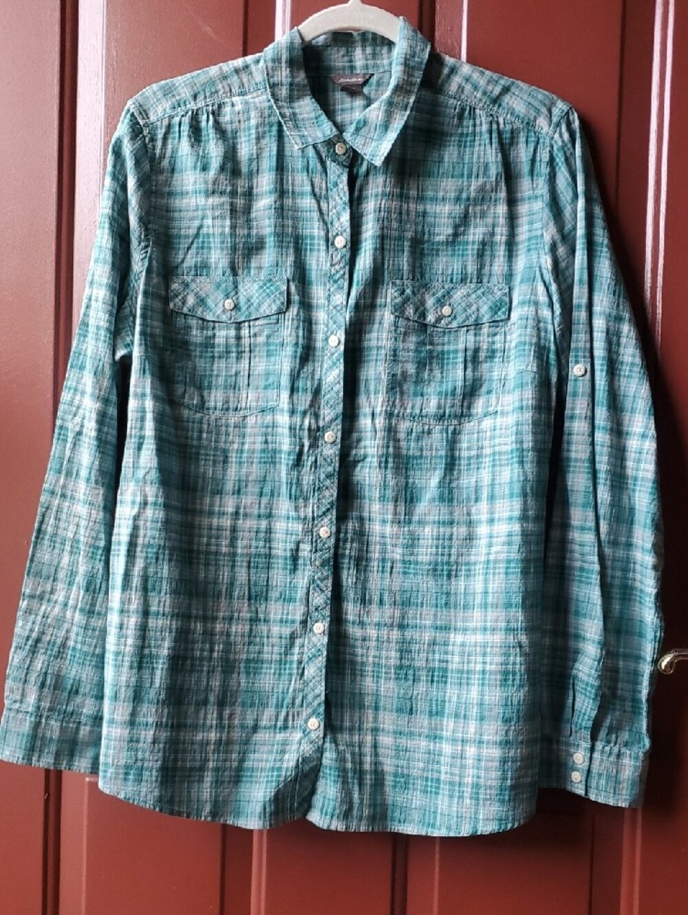 Eddie Bauer Teal and Dark Green Plaid Women's Shirt Large